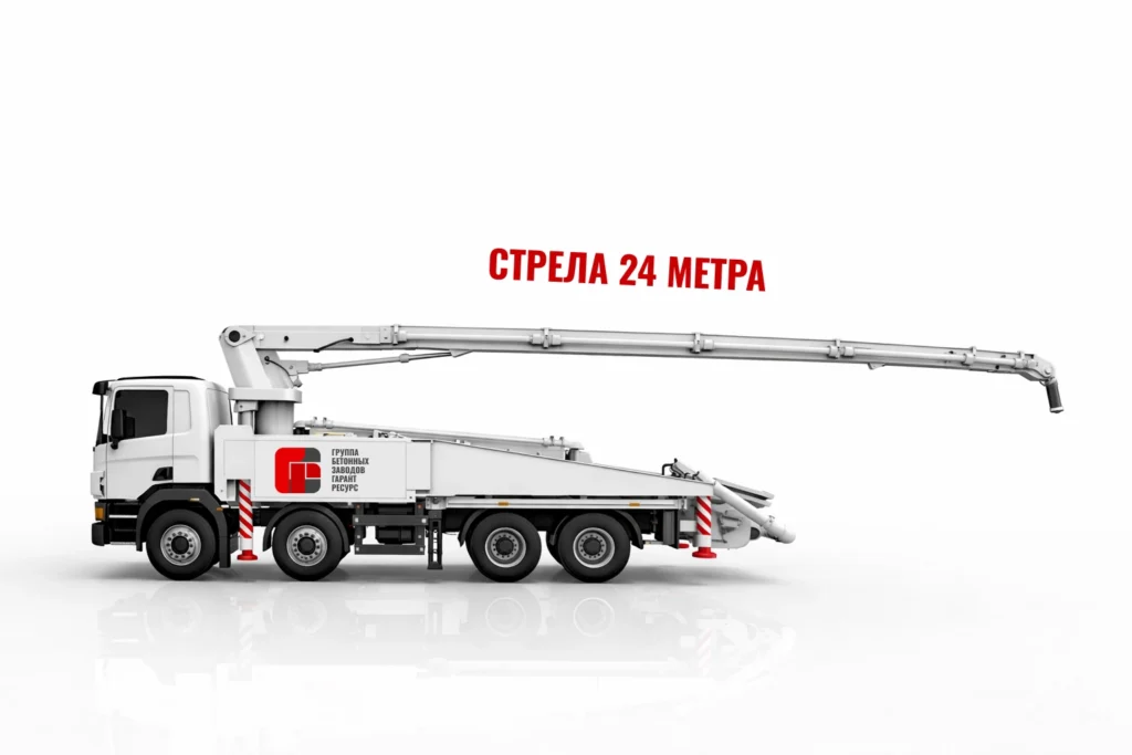 Автобетононасос со стрелой 24 м для подачи бетона на строительном объекте в Сергиевом Посаде